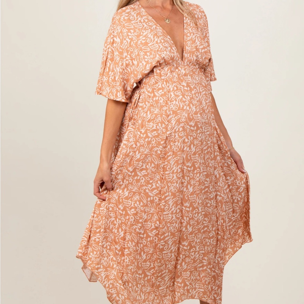 Floral V-Neck Midi Dress in Peach Maternity